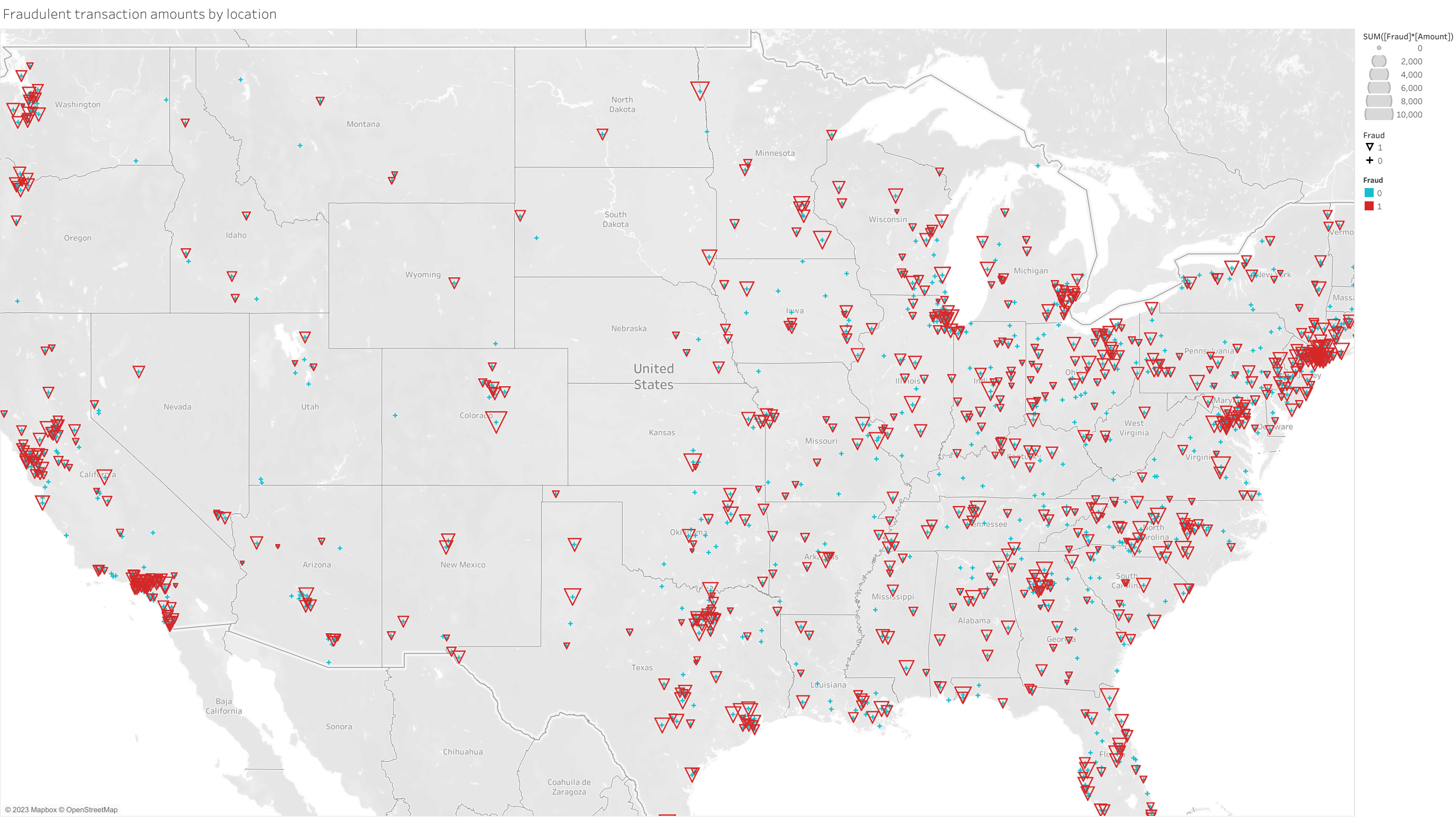 Map plot of the United States with legitimate transactions plotted as blue crosses and fraudulent transactions plotted as red triangles. The red triangles are sized by the total amount of money involved in the fraudulent transactions at each location.